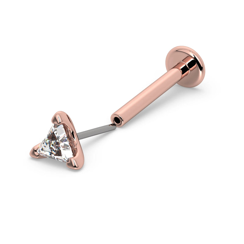 14k rose gold triangle diamond threadless flat back labret with push pin end separated to show assembly