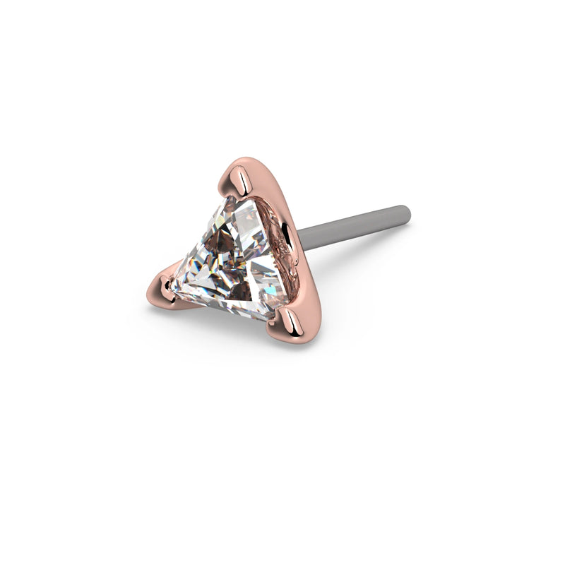 14k rose gold 3mm triangle diamond threadless end only with titanium push pin post, angled view