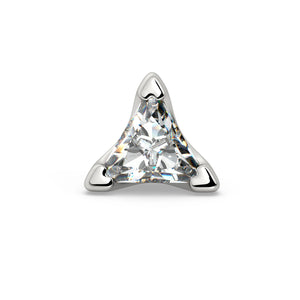 14k white gold 3mm triangle diamond end only, front view showing three-prong setting and faceted stone