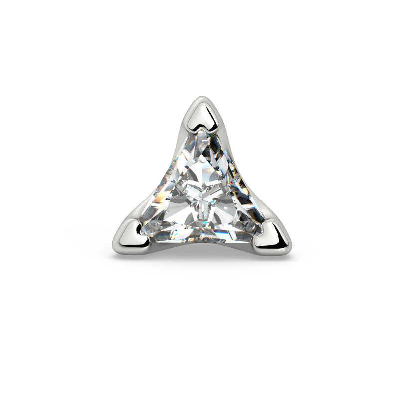 14k white gold 3mm triangle diamond end only, front view showing three-prong setting and faceted stone