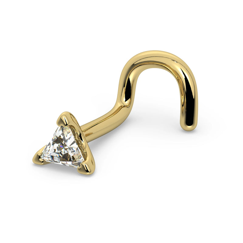 14k yellow gold triangle diamond nose ring twist screw style, side profile showing curved post