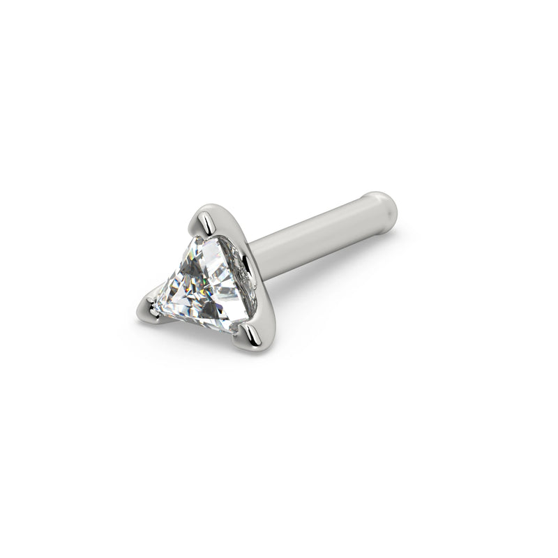 14k white gold 3mm triangle diamond nose bone stud, angled view showing straight pin post