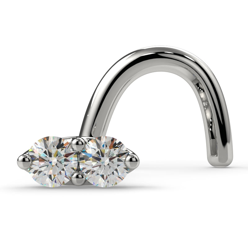 14K white gold double diamond nose ring twist, prong-set round diamonds on white background
