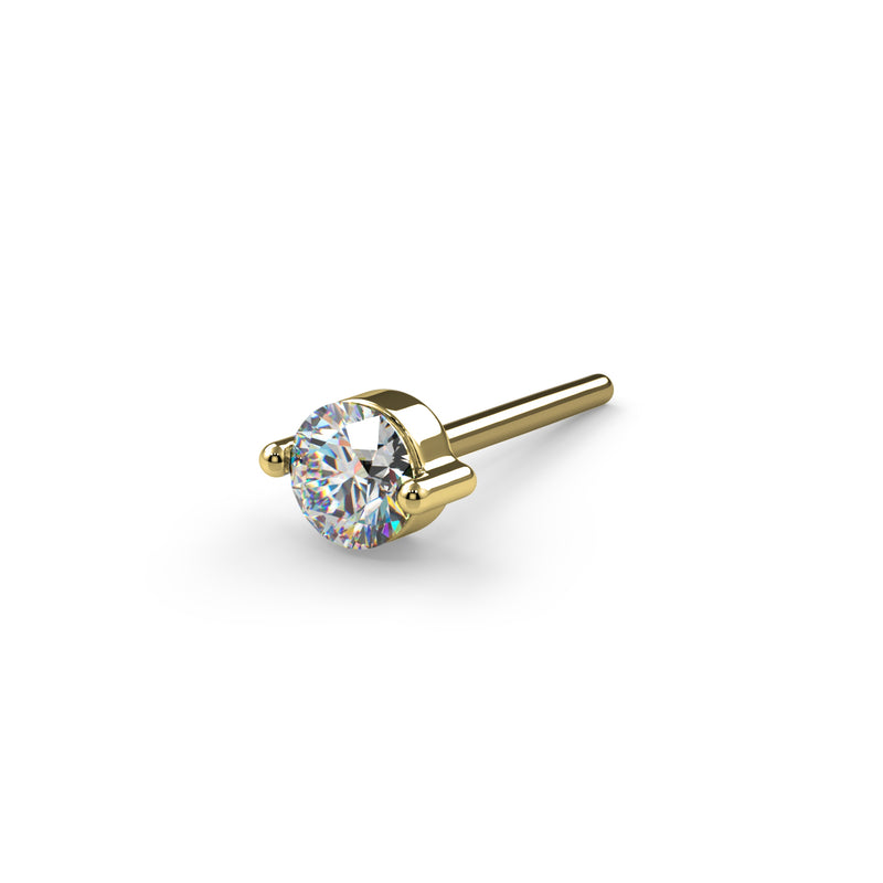 14k yellow gold duo-prong VS1 diamond threadless piercing stud end, angled side view