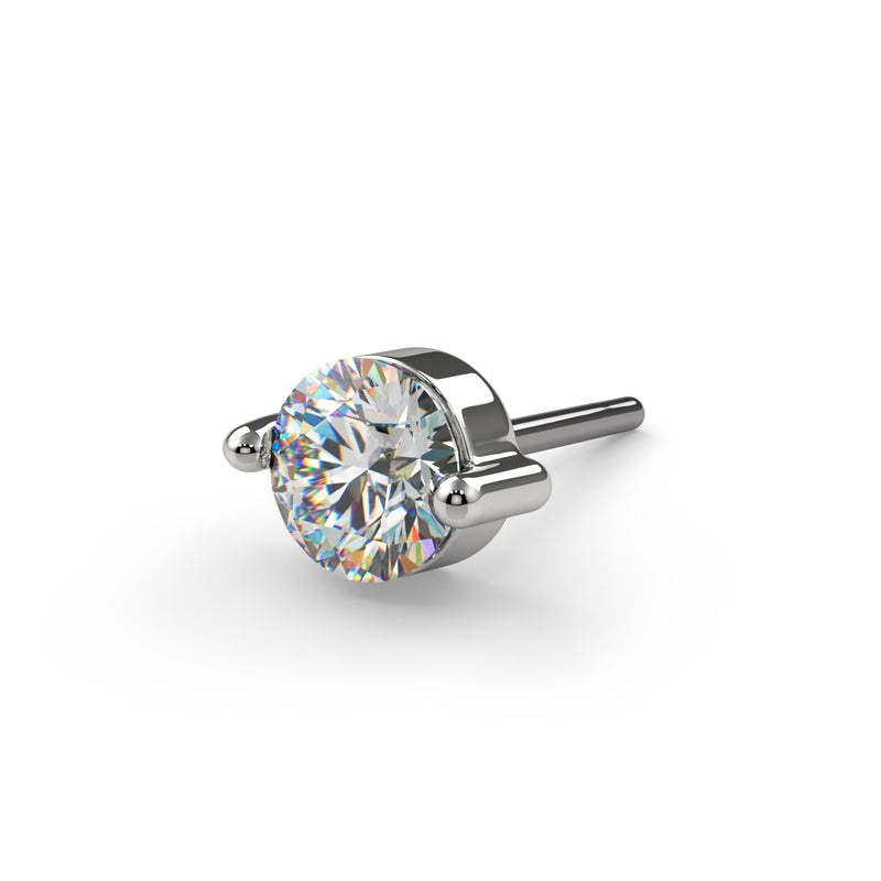 14k white gold duo-prong VS1 diamond stud end, closer angled view highlighting 2-prong setting