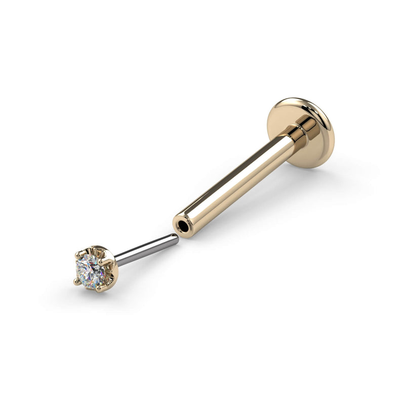 14k yellow gold illusion VS1 diamond flatback labret nose stud, showing pushpin post and disc backing separated