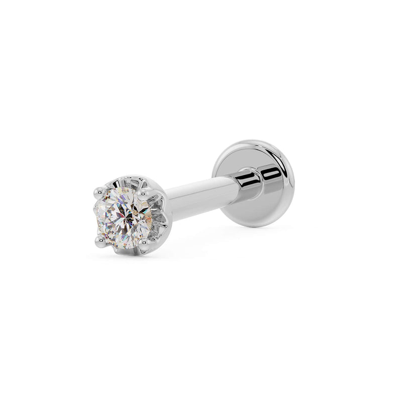 14k white gold illusion VS1 diamond flat back labret stud, angled view showing illusion setting detail