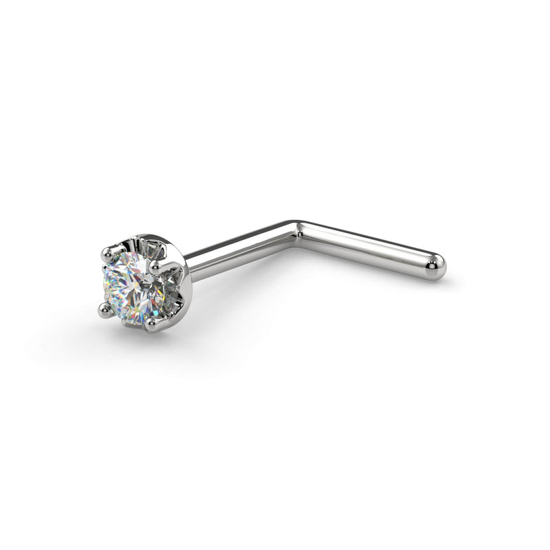 14k white gold illusion VS1 diamond nose ring L-post style, angled view showing post bend and ball tip