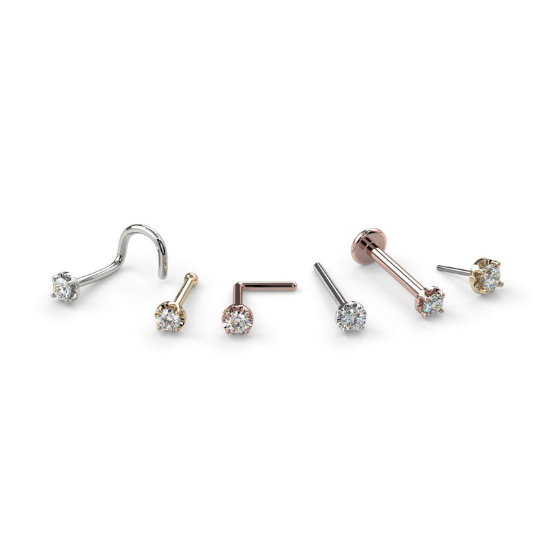 VS1 diamond nose stud shown in multiple style options: twist, bone, L-post, flatback, and straight post