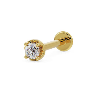 14k yellow gold 2mm VS1 diamond flat back labret stud with illusion setting, angled view