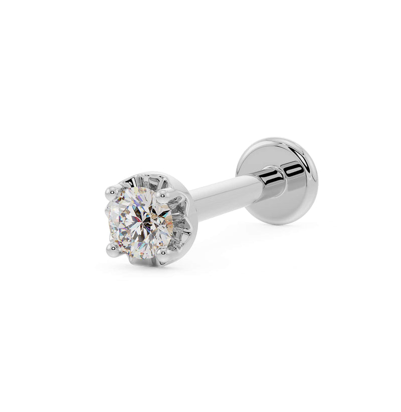 14k white gold 2mm VS1 diamond flat back labret stud with illusion setting, angled front view
