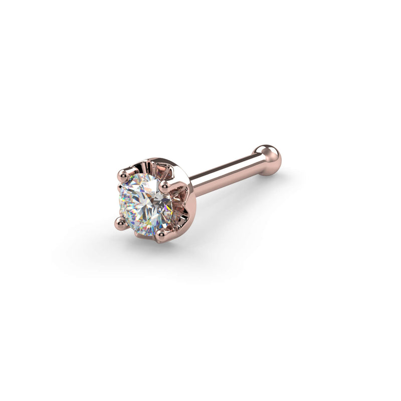 14k rose gold illusion VS1 diamond nose bone stud with ball end, angled view of illusion setting