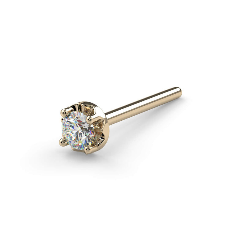 14k yellow gold illusion VS1 diamond nose stud straight post style, angled view showing post length