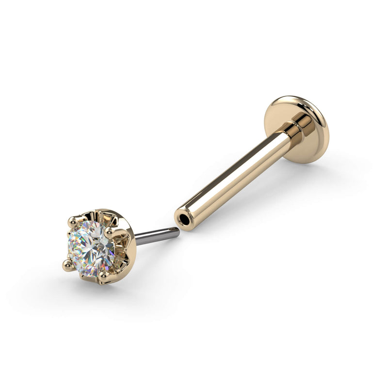 14k yellow gold 2mm VS1 diamond nose stud flatback labret style, showing flat disc backing and pushpin post