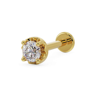 14k yellow gold illusion VS1 diamond flat back labret stud, angled view showing illusion setting