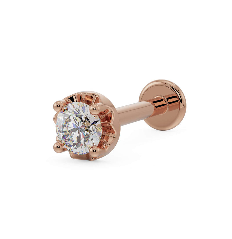 14k rose gold illusion VS1 diamond flat back labret stud, angled front view of illusion setting