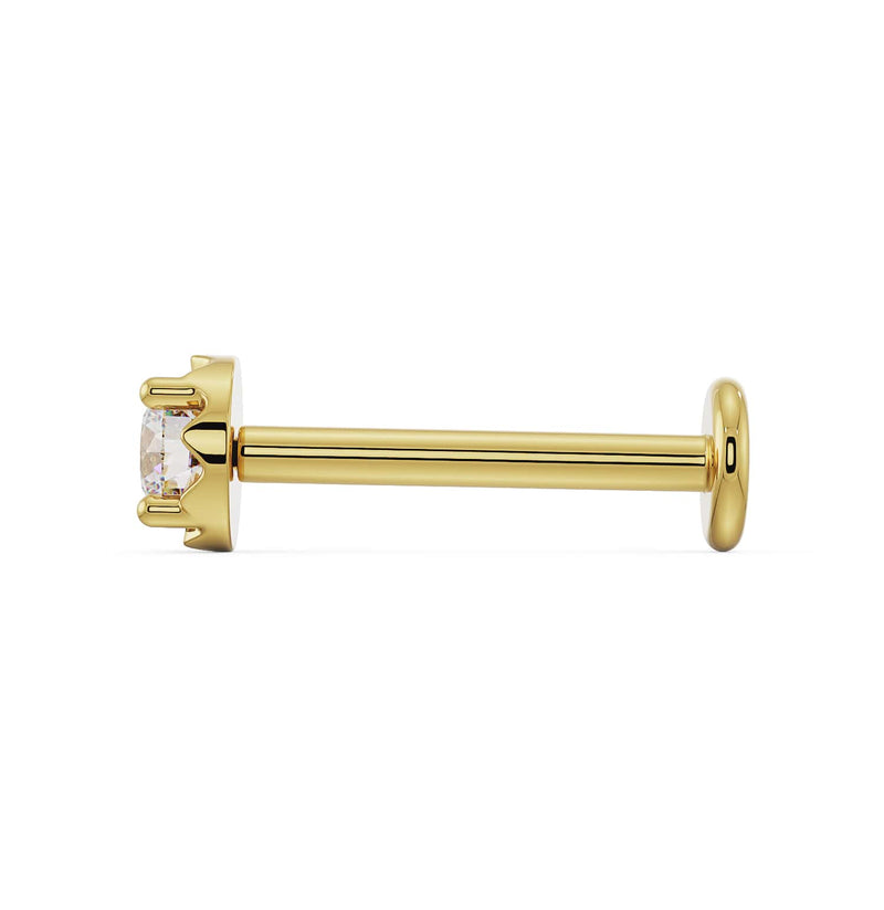 Side profile of 14k yellow gold illusion diamond flat back labret showing post length and disc backing
