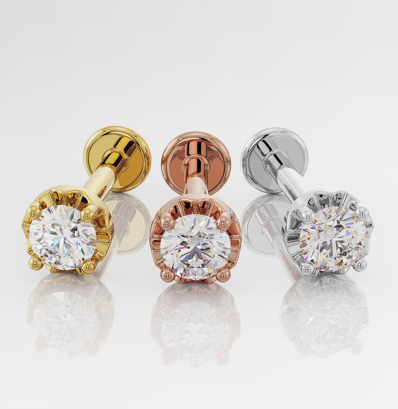 Diamond flat back labret stud in yellow gold, rose gold, and white gold side-by-side comparison