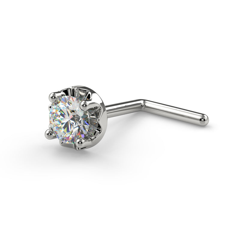 14k white gold illusion VS1 diamond nose ring L post style with ball tip, angled view