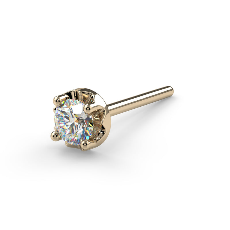 14k yellow gold illusion diamond nose ring straight post style, angled view showing tapered pin