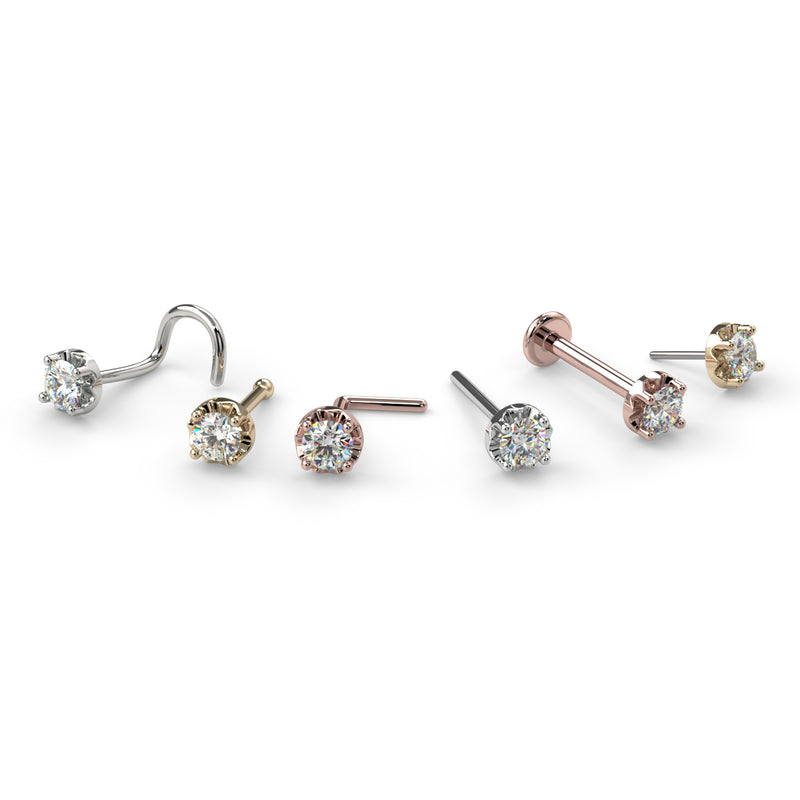 Illusion VS1 diamond nose stud in multiple styles: twist, bone, L post, flatback, and pushpin