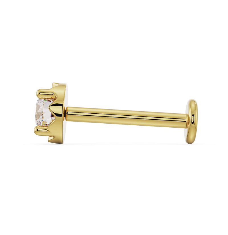 Side profile of 14K yellow gold diamond labret stud showing post length and flat disc backing