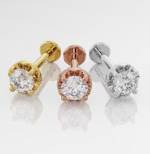 3mm illusion diamond flat back stud in yellow gold, rose gold, and white gold side-by-side comparison