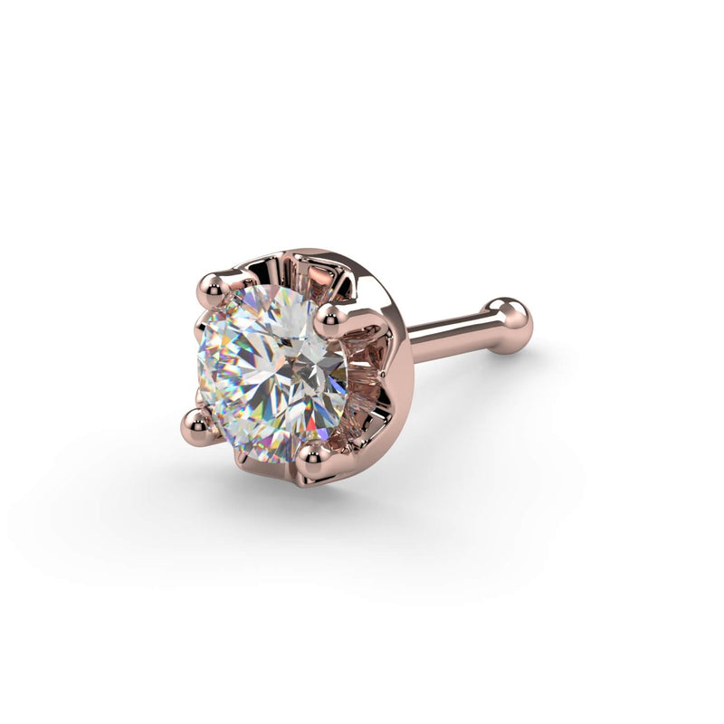 14k rose gold illusion VS1 diamond nose stud bone style, angled view of crown-like illusion setting