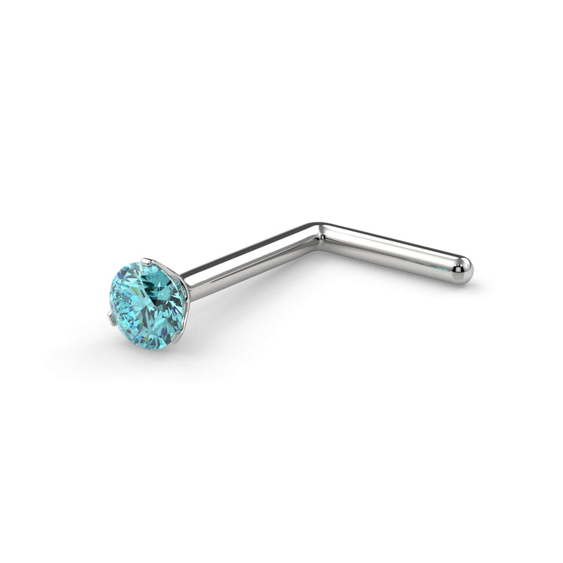14k white gold aqua diamond L-post nose ring, angled view showing L-shaped post and prong setting