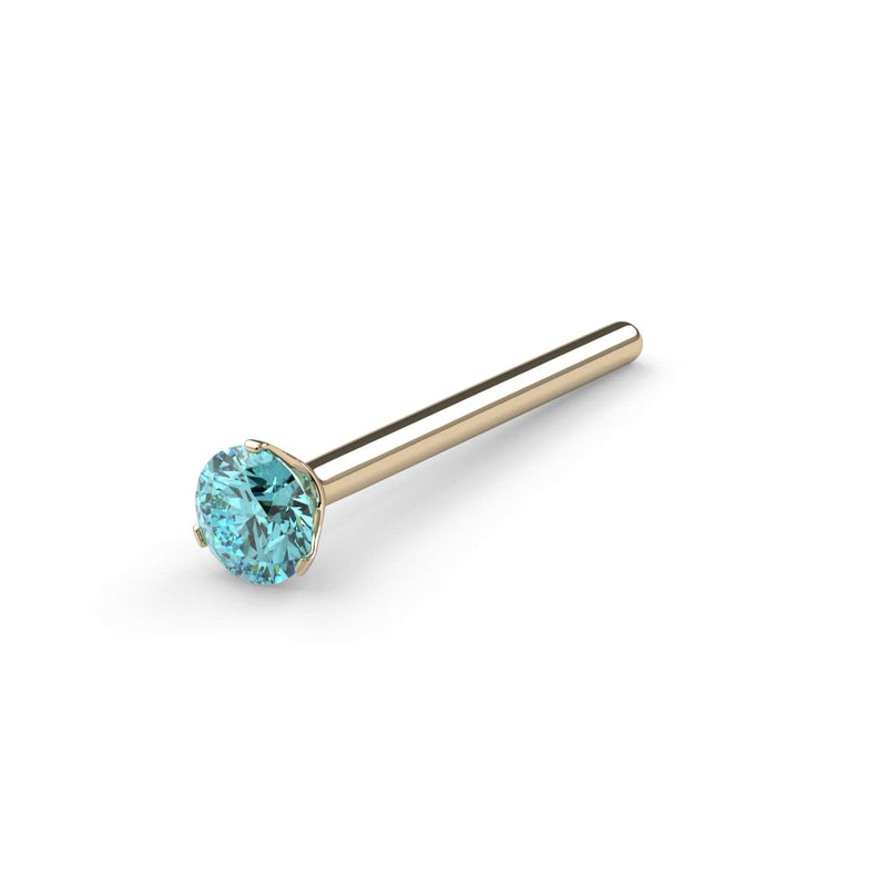 14k yellow gold aqua diamond straight post nose ring, side angle showing bone-style end detail