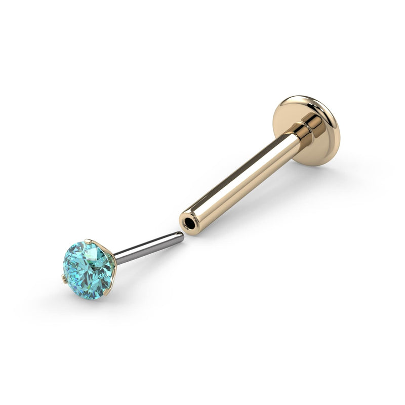 14k yellow gold aqua diamond flatback labret nose stud, angled view showing post and flat disc back