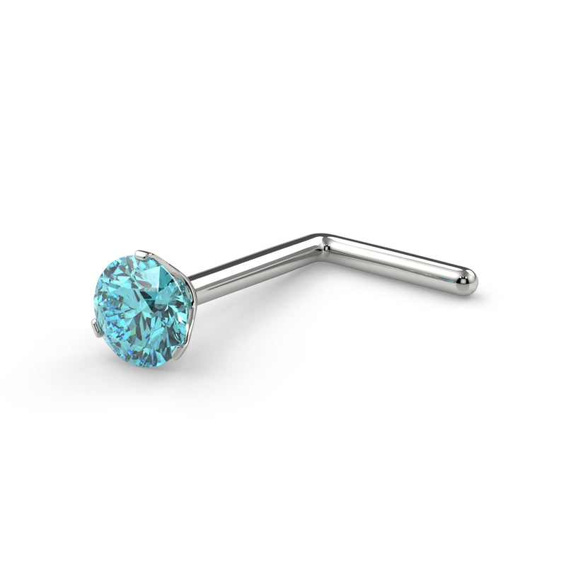 14k white gold aqua diamond L-post nose ring, angled view showing L-shaped post and 3-prong setting