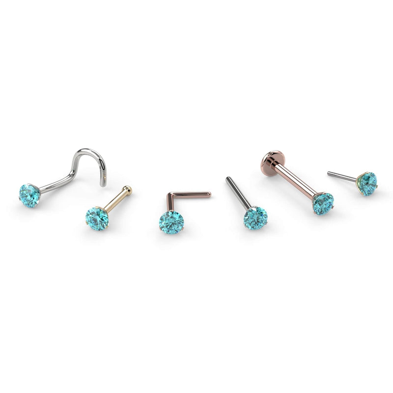 Aqua diamond nose ring in all available styles: twist, bone, L post, flatback, straight post, and end only