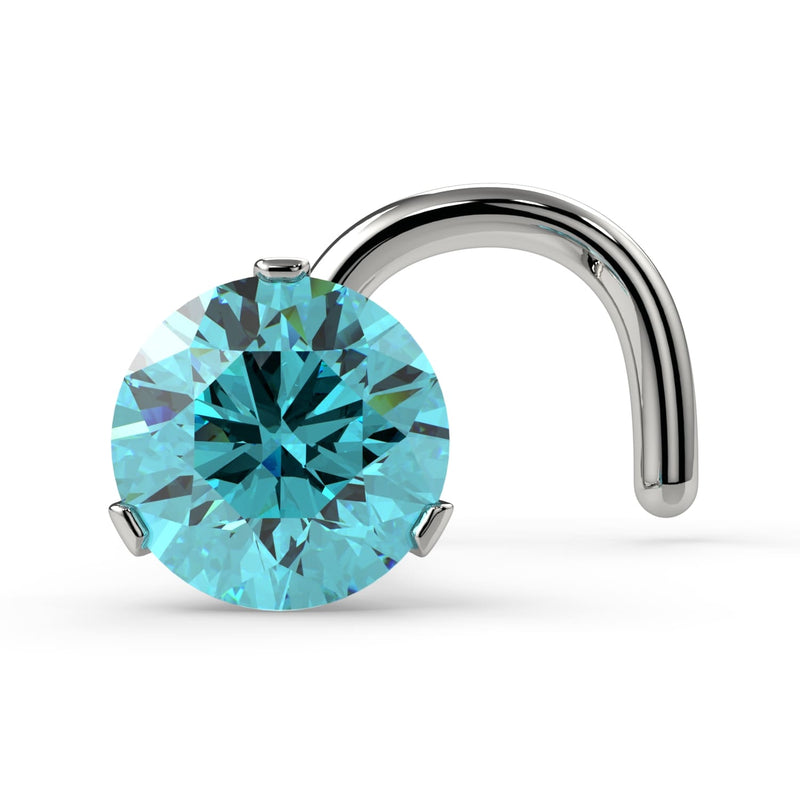 14k white gold 3mm aqua diamond nose ring twist style with 3-prong Lumina setting, front view