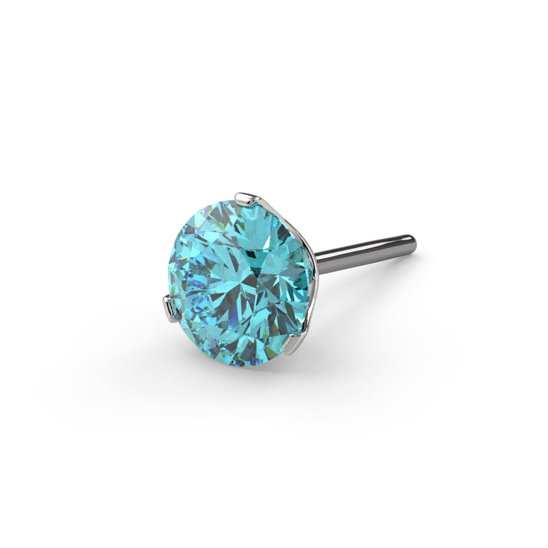 Close-up of 3mm aqua diamond in 3-prong Lumina setting on straight post, showing facet brilliance