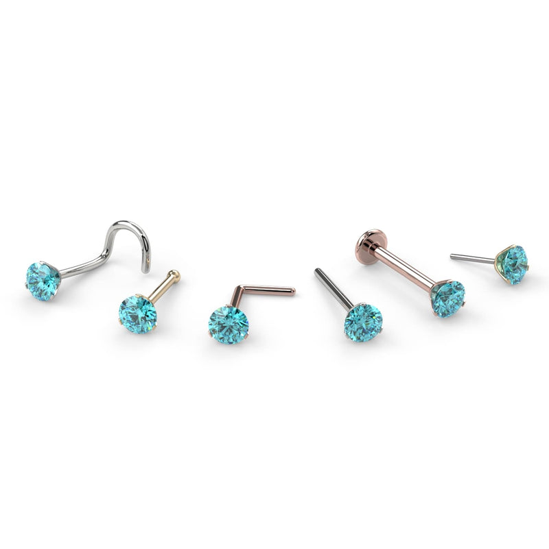 3mm aqua diamond nose ring shown in all style variants: twist, bone, L-post, flatback, and straight post