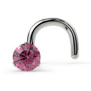 14k white gold 2mm pink diamond nose ring twist style, front view of 3-prong Lumina setting