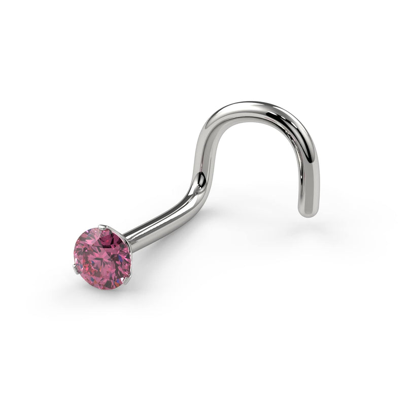 Side profile of 14k white gold pink diamond twist nose ring showing screw shape and 3-prong setting