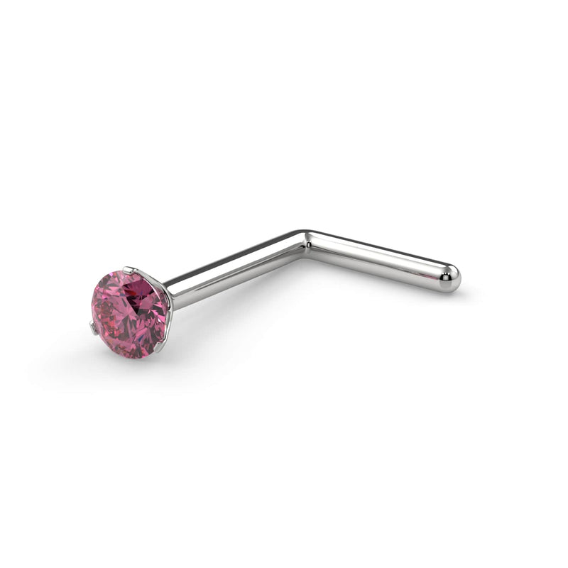 14k white gold 2mm pink diamond L-post nose ring with 3-prong setting, angled product view