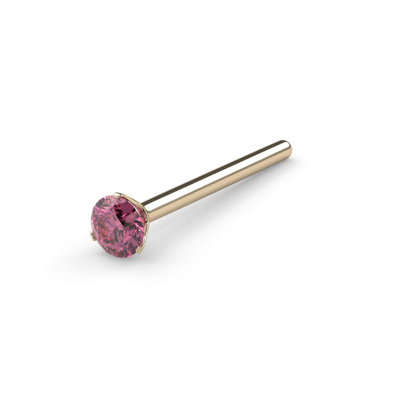 14k yellow gold pink diamond straight post nose ring, angled view showing 3-prong Lumina setting