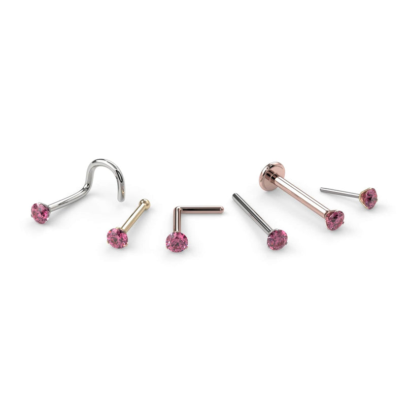 All style options for 2mm pink diamond nose ring: twist, bone, L post, straight, flatback, and end only