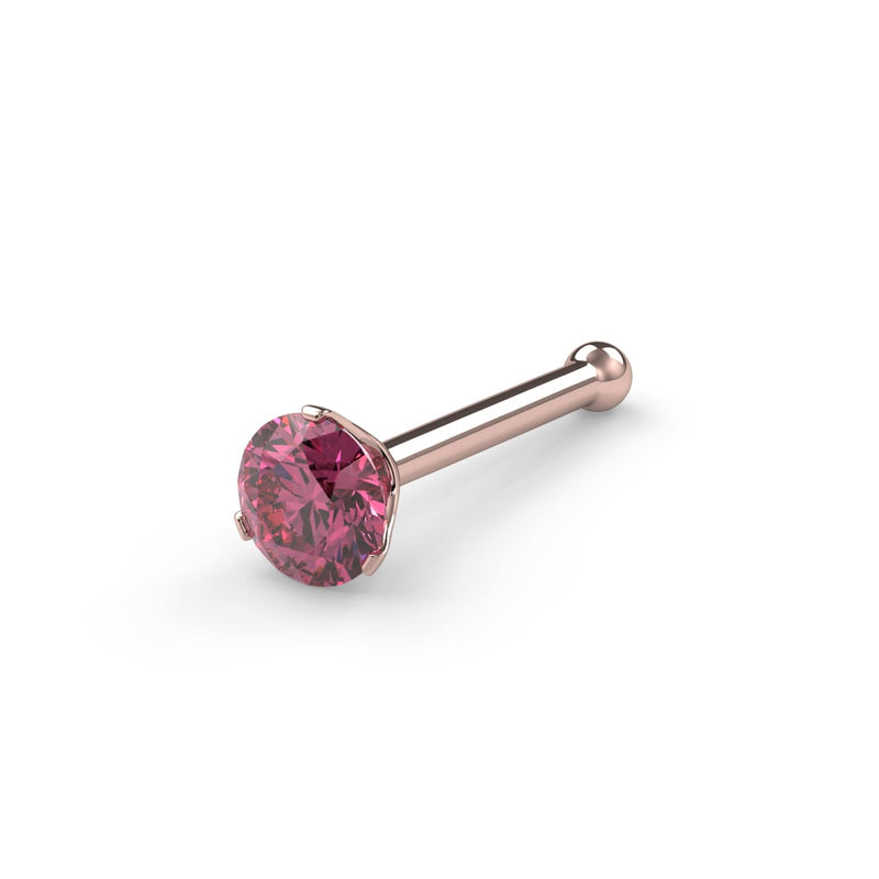 14k rose gold pink diamond nose ring bone style with ball end, angled view of 3-prong setting