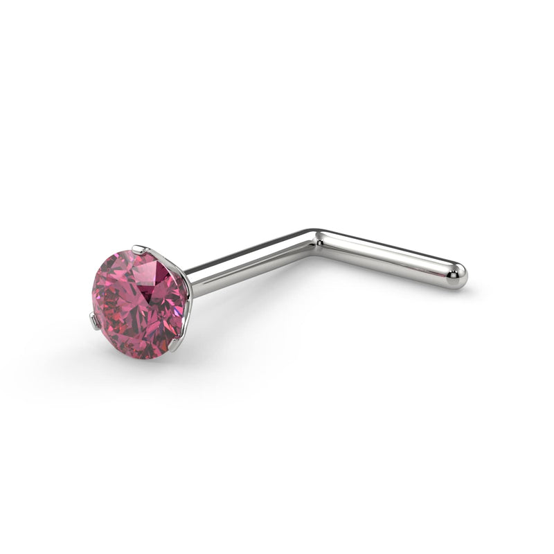14k white gold 2.5mm pink diamond L post nose ring showing L-shaped post and prong-set stone