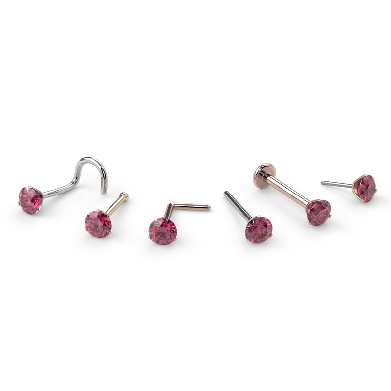 Pink diamond 3-prong nose ring in all available styles: twist, bone, L post, flatback, and straight post