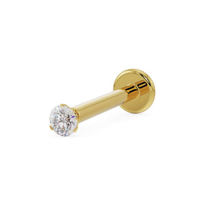 14k yellow gold 1.7mm VS1 diamond flat back labret stud, angled view showing 3-prong setting and disc backing