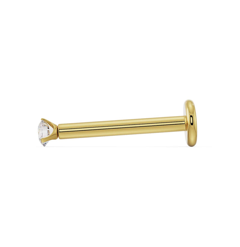 Side profile of 14k yellow gold diamond flat back labret showing full post length and flat disc backing