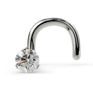 14k white gold 3-prong VS1 diamond nose ring twist style, front view showing screw backing