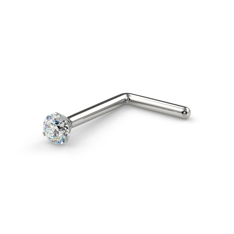14k white gold diamond L-post nose stud, angled view showing L-shaped backing and prong setting