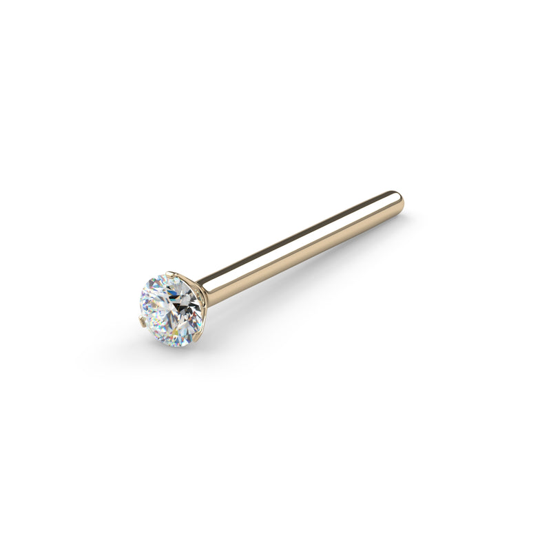 14k yellow gold straight-post diamond nose stud, angled view highlighting Lumina 3-prong setting