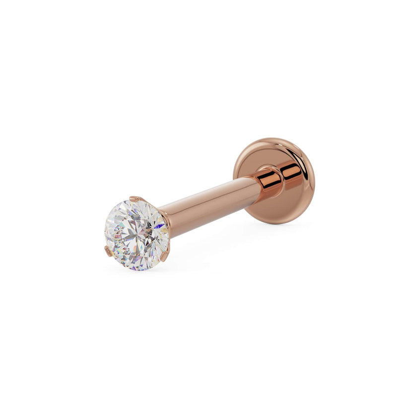 14k rose gold 2mm VS1 diamond flat back labret stud, angled view showing 3-prong setting and disc back